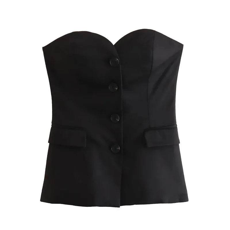 Sutiã elegante e moderno, sem alças, com abotoamento simples e cintura ajustada,  poliéster