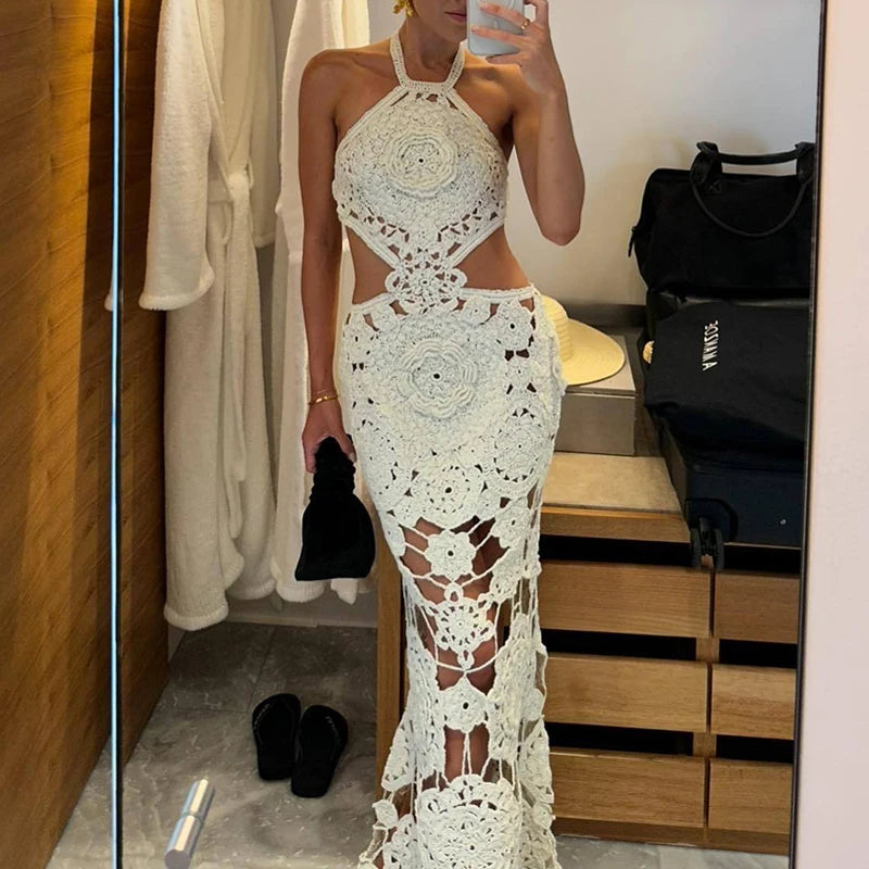 Elegant Off Shoulder Halter Evening Dress Fashion Casual Pure Color Wrap Hips Dress Sexy Hollow Out Lace Embroidery Beach Dress