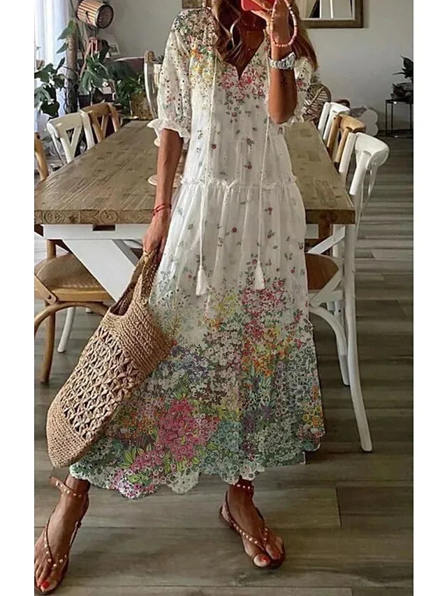 Women's 2024 Spring Summer New Casual Sweet Loose Sexy V-neck Fashion Printed Hanging Beard Middle Sleeve Long Dress For Women