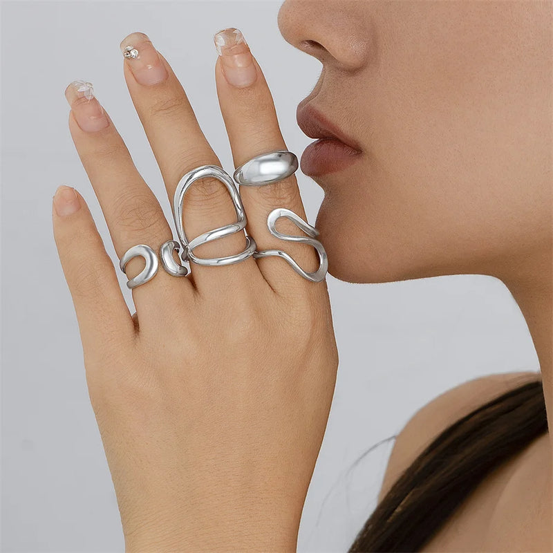 Ingemark 4Pcs Vintage Irregular C Shape Open Ring Set Women Creative Geometric Finger Knuckle Ring Couple Jewelry Accessories