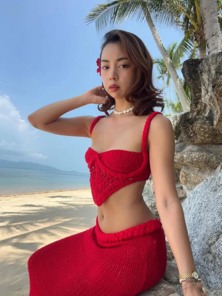 Sexy Knit Crop Tops Skirt Sets Women Sleeveless Backless Sling Tank Long Hip Package Skirts 2025 Holiday Beach 2 Piece Set Lady