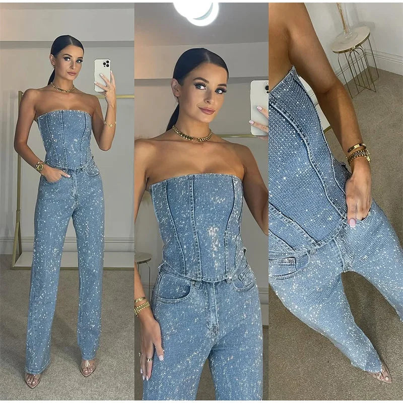 Conjunto jeans feminino com strass brilhantes, espartilho modelador, top curto, jeans slim fit, roupa de festa, boate, estilo cowgirl