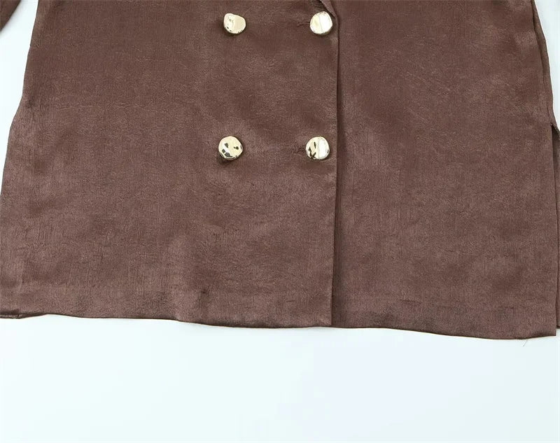 Women's Suit 2026 Spring New Style Reddish-Brown Long Sleeve Draped Pleated Decorative Simple Blazer and Trousers Set Fashion
