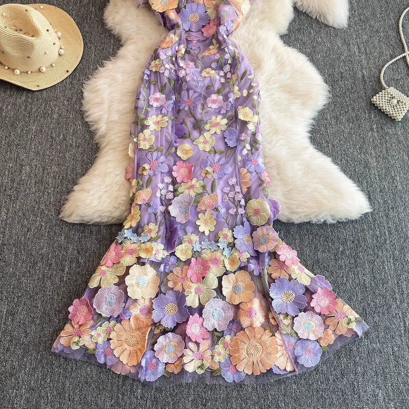 Summer High-end Embroidery Lace Prom Dress Women French Luxury 3D Flower Short Sleeve Long Dress Party Bodycon Holiday Vestido