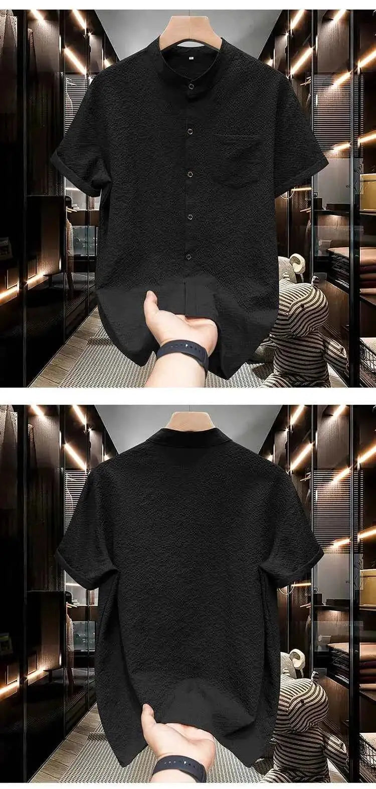 M-5XL Summer Men's Shirt Short Sleeved with Bubble Gauze Textured Fabric Thin Quick Drying Stand Up Collar Short Sleeved Shirt