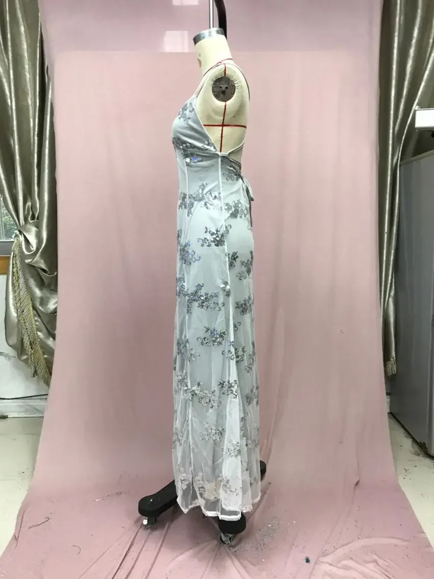 Vestido Longo de Festa com Lantejoulas e Costas Abertas – Decote V Elegante