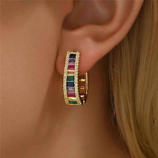 Vintage Rainbow Zircon Stone Geometric Hoop Earrings For Women Fashion Gold Silver Color Wedding Jewelry