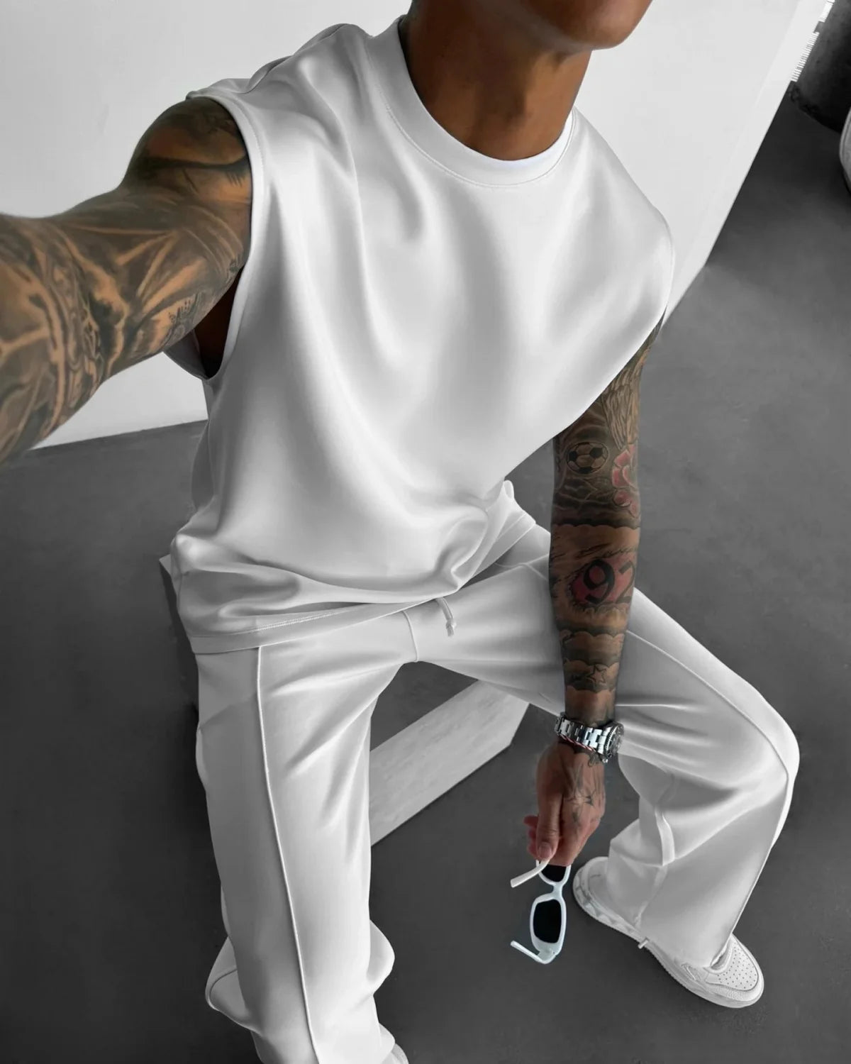 Terno esportivo sem mangas 2025 calças casuais masculinas de cor sólida, colete de roupas masculinas, conjunto de duas peças