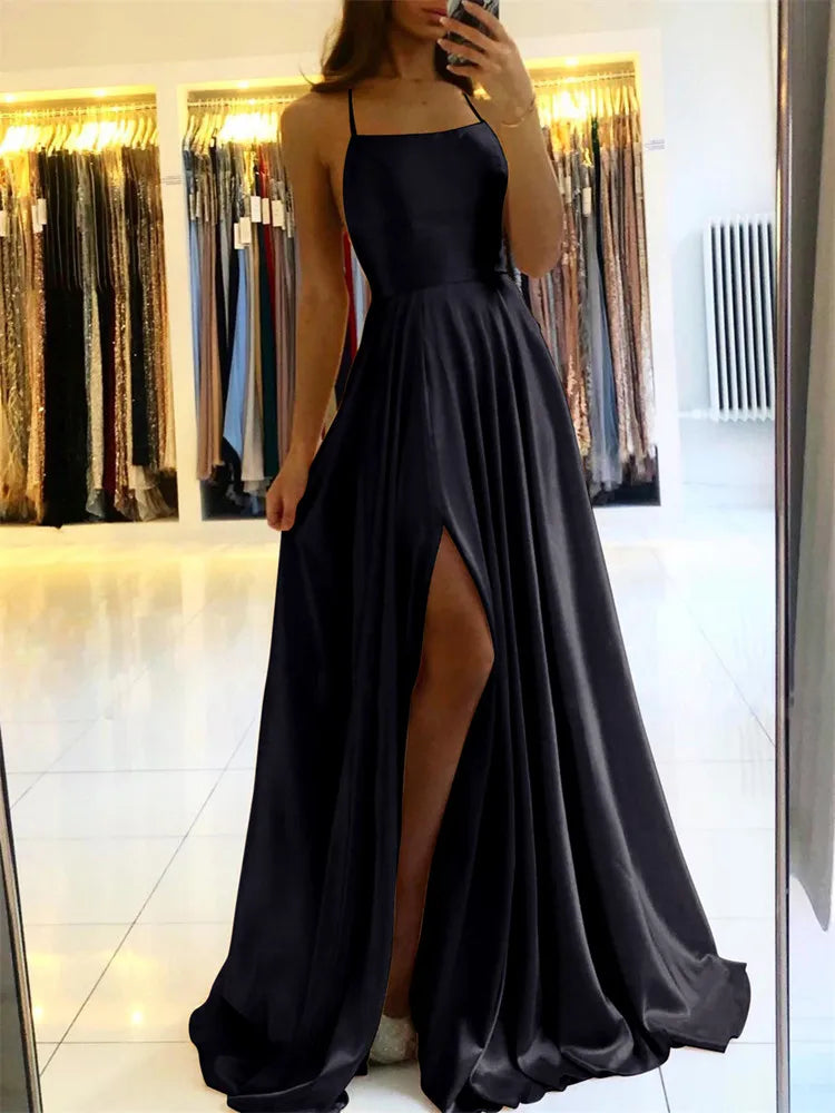 Vestido feminino Borgonha cetim maxi sexy fenda lateral alças ajustáveis