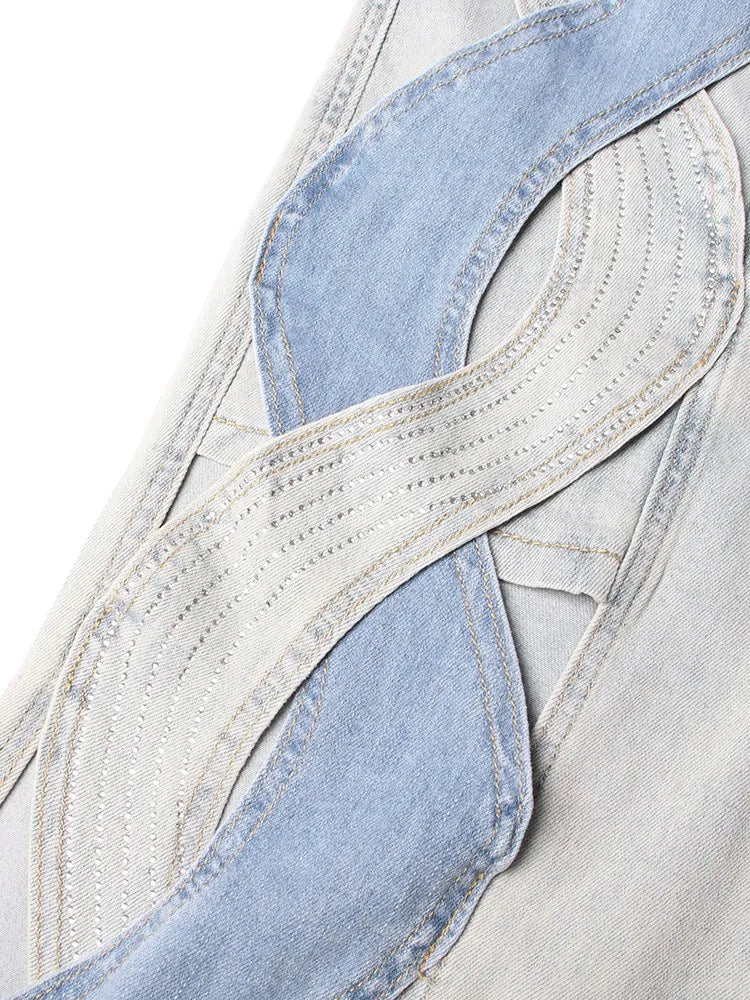 Calça jeans feminina VGH Crisscross Hit Color Streetwear cintura alta patchwork bolsos vazados calças femininas