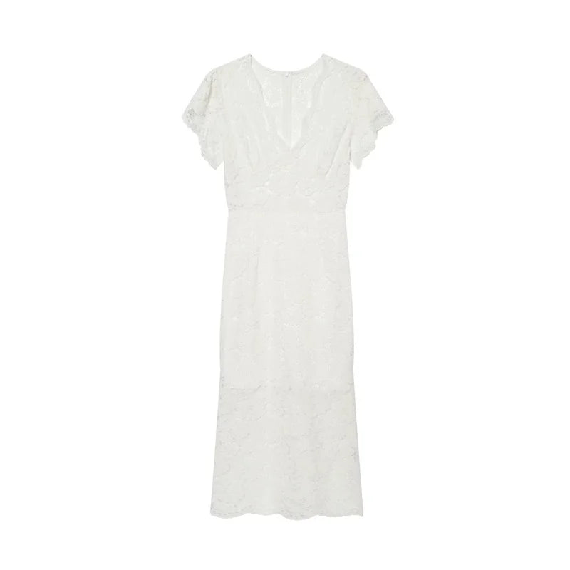 Women's Dress 2026 Summer New Solid Color Short Sleeve V-neck Lace Waistband Long Dress Elegant and Stylish Fashionable