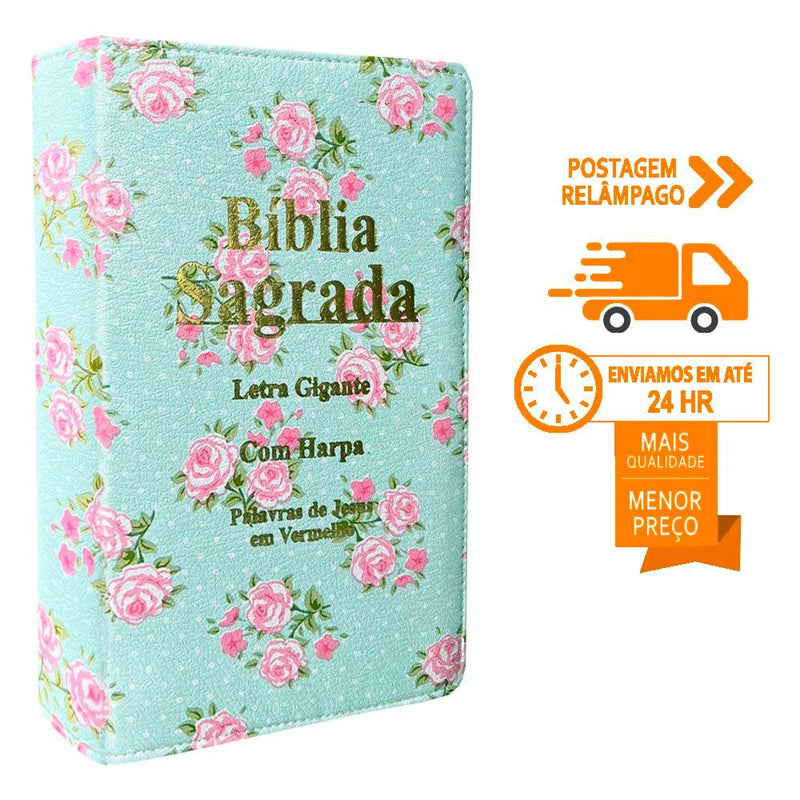 Biblia Sagrada Letra Gigante Luxo Popular - Floral Verde-Com Harpa-Mulher-RC - CRAVO ROSE