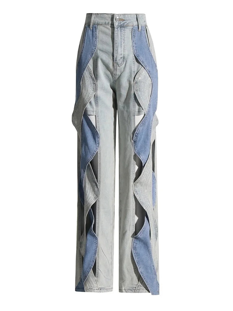 Calça jeans feminina VGH Crisscross Hit Color Streetwear cintura alta patchwork bolsos vazados calças femininas