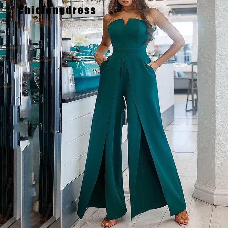 Summer Sexy Strapless Slit Jumpsuit Women Elegant Solid Strapless High Waisted Slit Wide Leg Jumpsuit Women - CRAVO ROSE