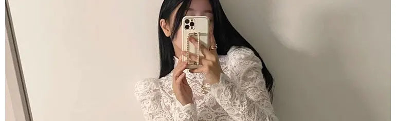 Fleece Lined Lace Base Shirt Women's Autumn Winter Hollow out Mesh Top Trendy Commute Style High Neck Long Sleeve  Color