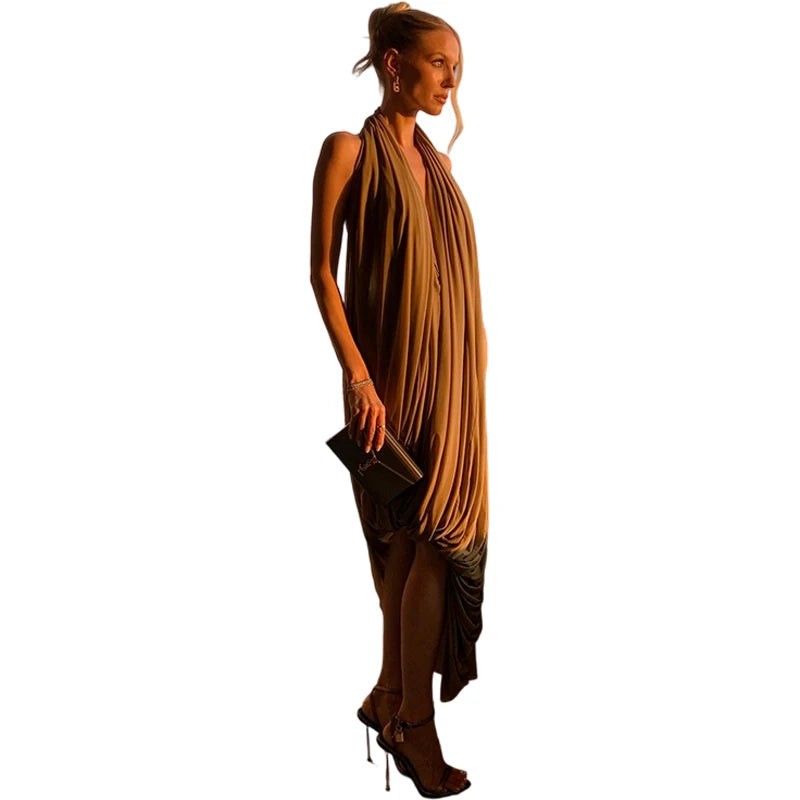 Nibber Ruched Halter Maxi Dress Women Sleeveless Backless Irregular Hem Solid Vacation Classic Basis Prom Party Elegant Vestidos