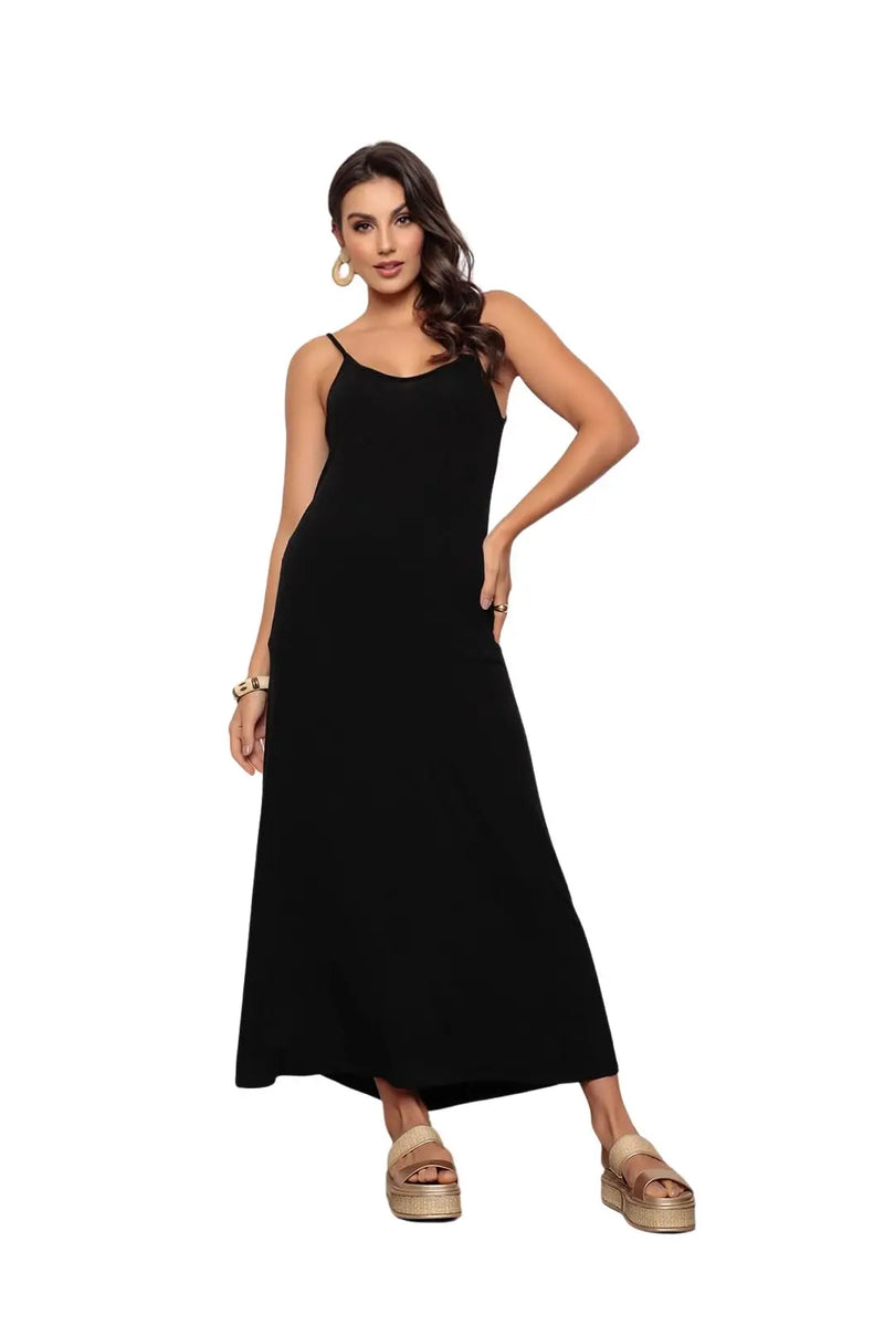 Vestido longo de poliéster com bolsos pretos