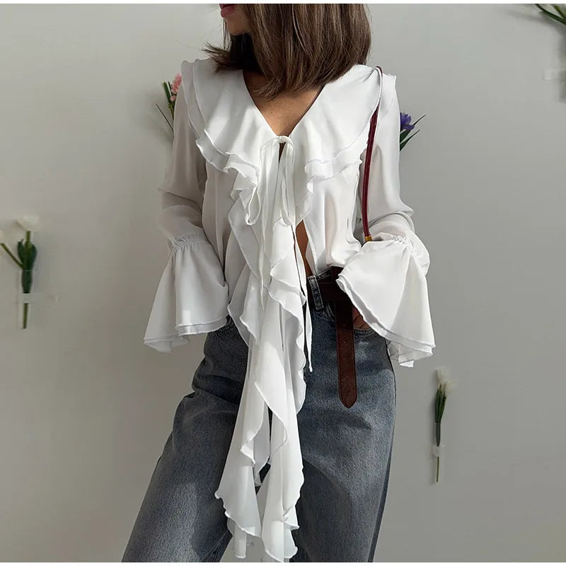 Blusa feminina elegante, azul, gola alta, babados, manga comprida, lisa, solta, chiffon, nova blusa feminina de verão 2025