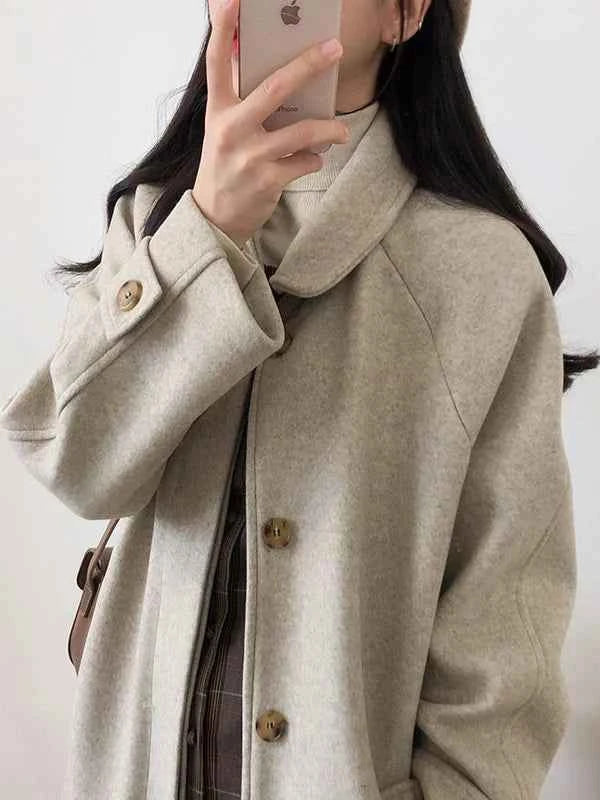 Autumn Winter Korean Style Loose Woolen Coat 2025 Slimming Knee-Length Tweed Women's Mid-Length Elegant Outerwear