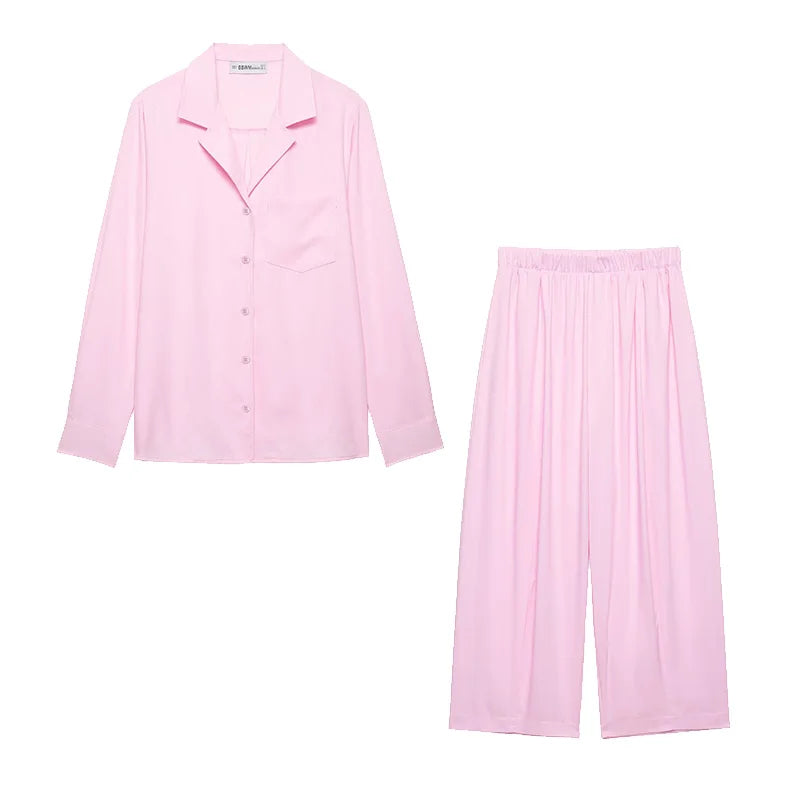 Women's Mid Waist Pants Set Spring 2 Piece Set Lapel Collar Shirt Pocket Elastic Waist Barrel Trousers Two Piece Female Outfits