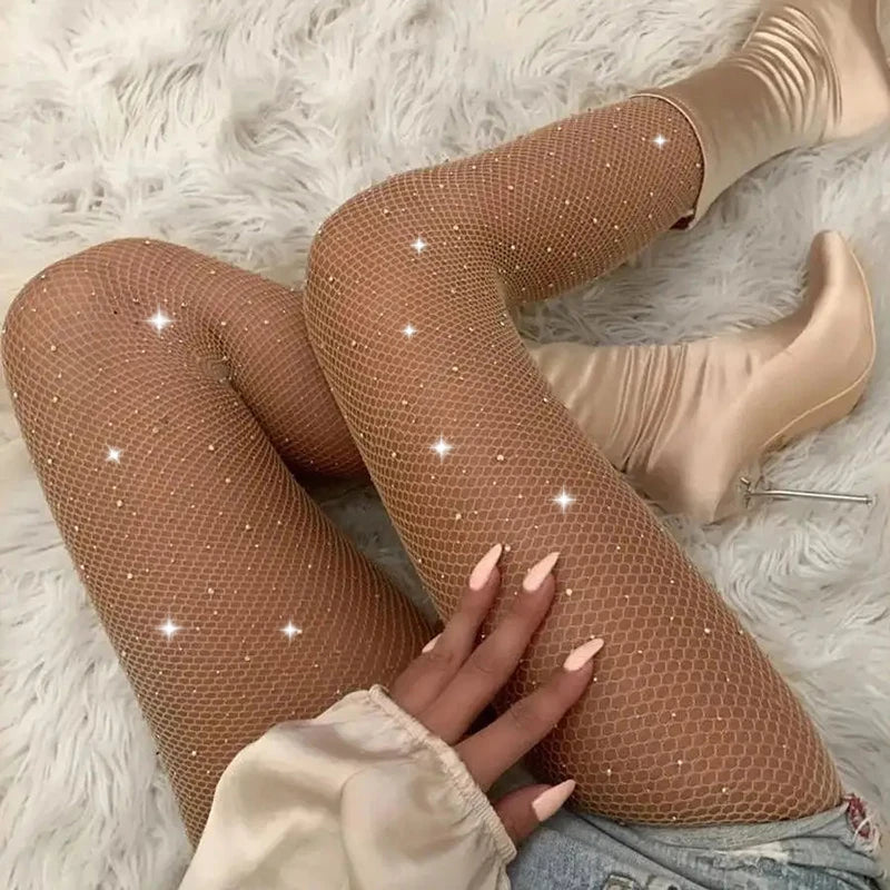 1 par de meias arrastão com strass para mulheres, pretas, sensuais, ultra brilhantes, cintura alta, leggings femininas para festa DS1155