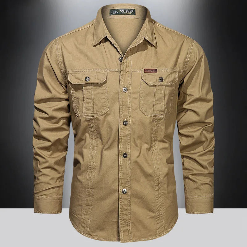 Camisa cargo de algodão para primavera para homens, camisas de manga comprida com vários bolsos, roupa casual para atividades ao ar livre, camisa militar de alta qualidade