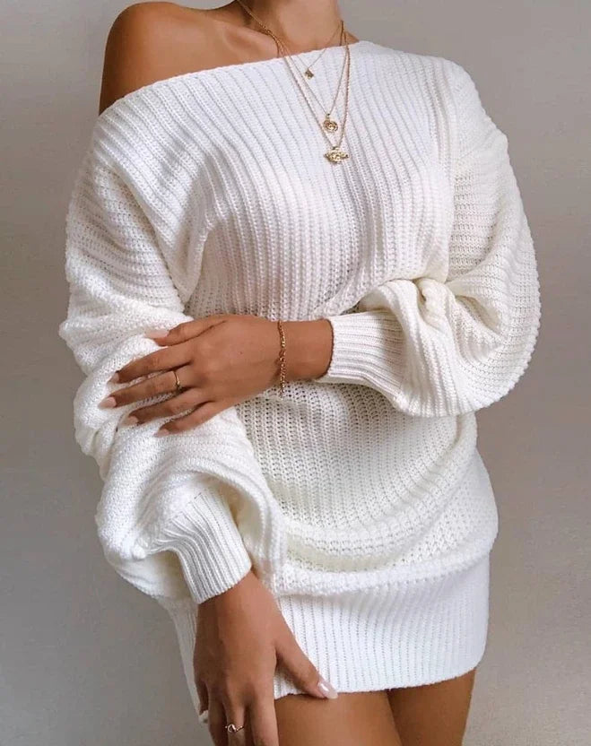 Womens Dresses Spring Fashion Cold Shoulder Lantern Sleeve Casual Plain Long Sleeve Daily Mini Knit Sweater Dress Woman Clothing - CRAVO ROSE