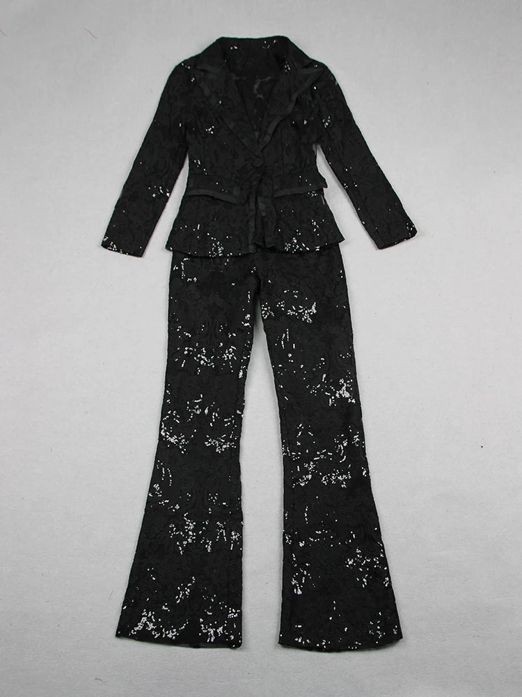 HIGH STREET Newest 2026 Designer Runway Suit Set Women's Single Button Guipure Lace Blazer  Flare Pants Set