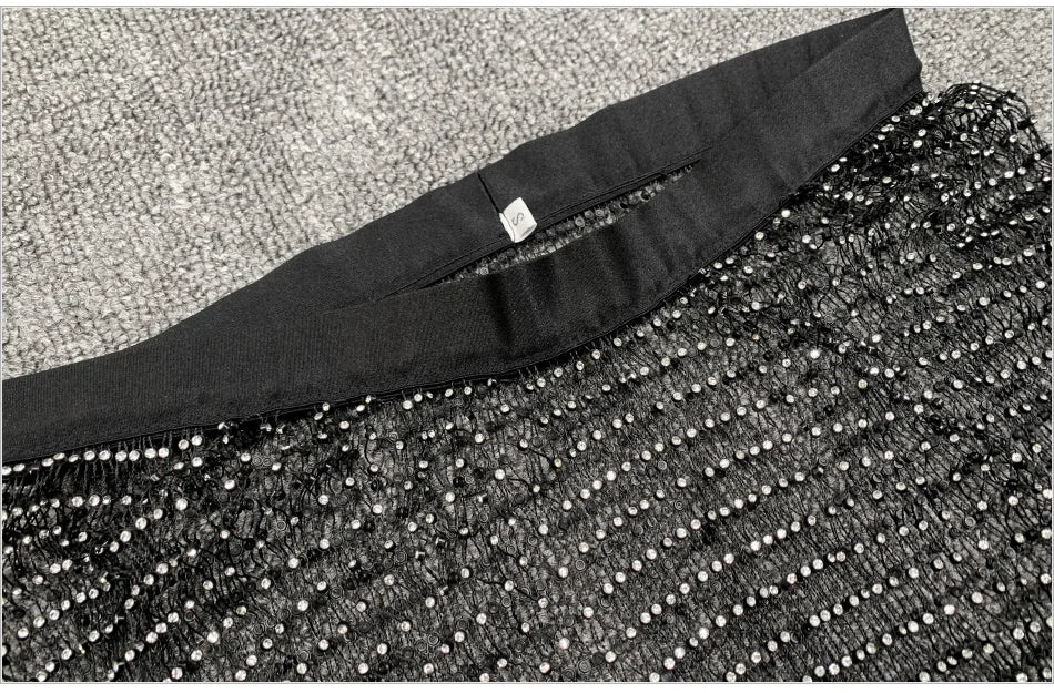 Sparkle Diamante Fishnet Wide Leg Trousers Crystal Mesh Flare Pants High Waisted Rhinestone Split Hem Leggings