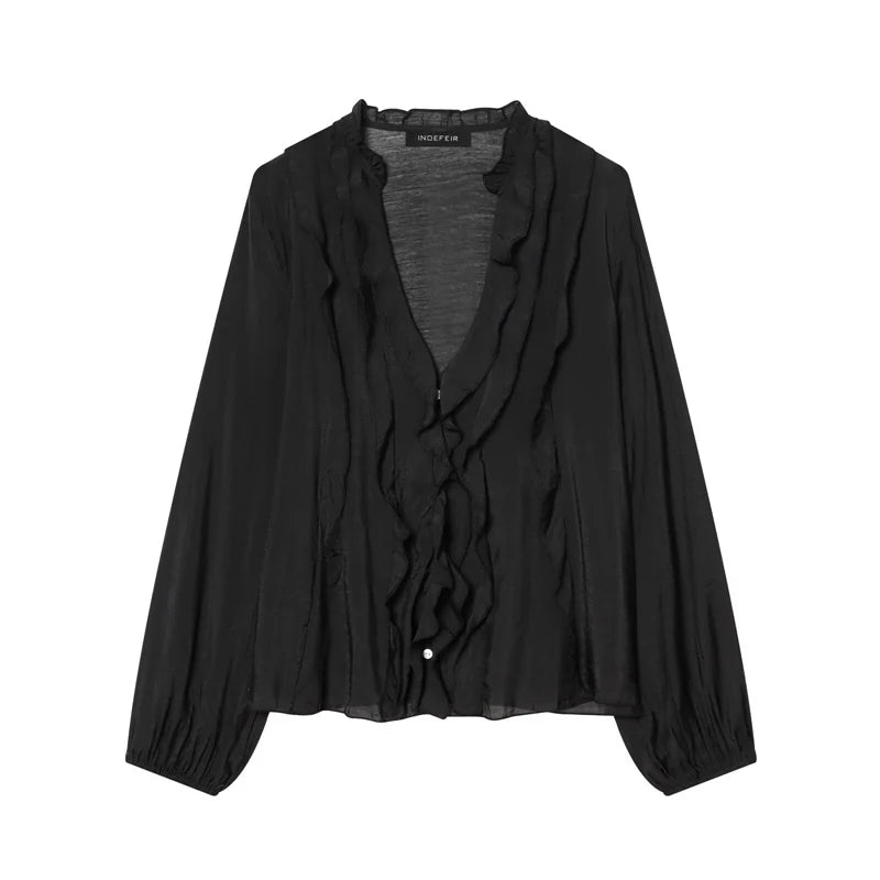 Women Shirt 2025 New Fashion Autumn Long Sleeve Layered Decorative Blouse for Women Casual Chic V-neck Ladies Top