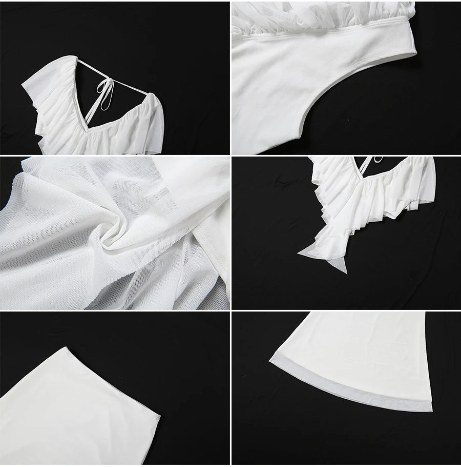 Weird Puss Patchwork Summer 2-Piece Set Women v-Neck Ruffles Crop Tops+Elastic Waist Simple Skitrts Solid Vacation Elegant Suit