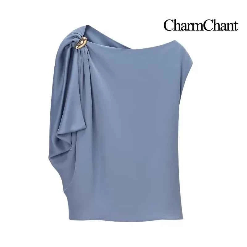CharmChant Women's One Shoulder Satin Top with Buckle Cropped Y2k Harajuku Fashion Elegant chic Sleeveless Shirt Blouse Female