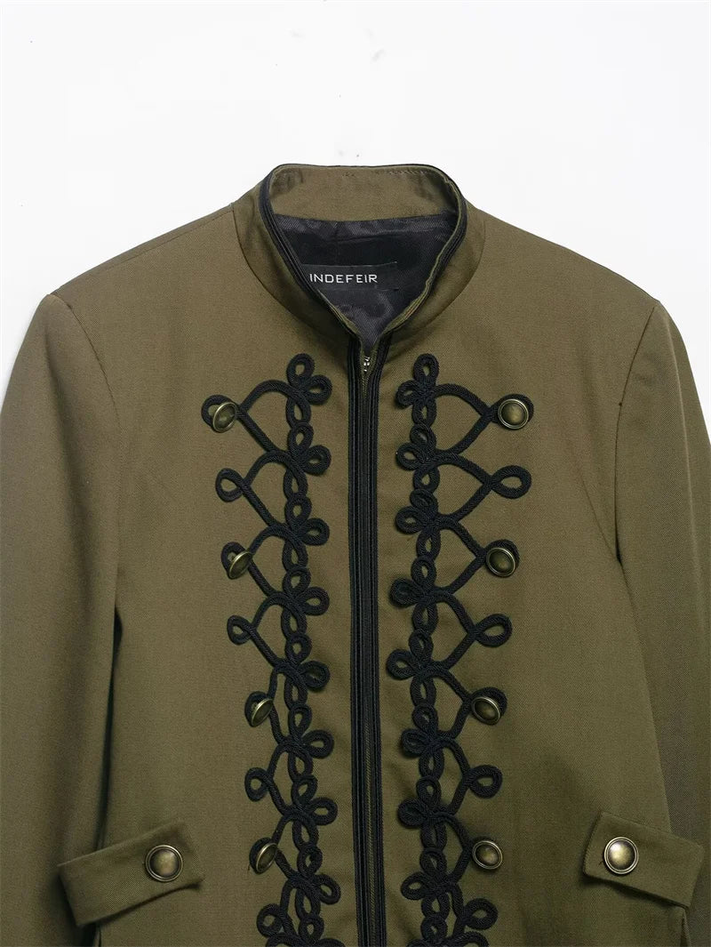 Women's Jacket 2026 Spring New Solid Color Long Sleeve Rope Knot Button Napoleon Style Slim Jacket Fashionable and Unique
