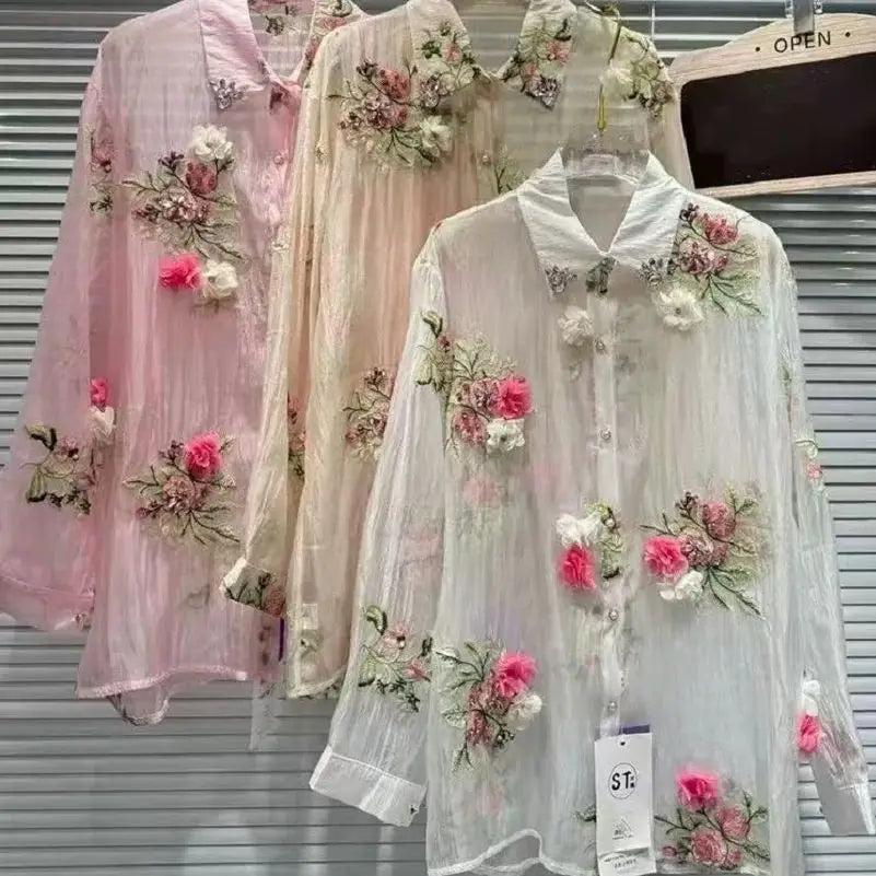 Luxury Design Summer Sparkle Diamonds Flowers Embroidery Party Shirts Blouses Women's Lightweight Sunscreen Top Woman Clothes