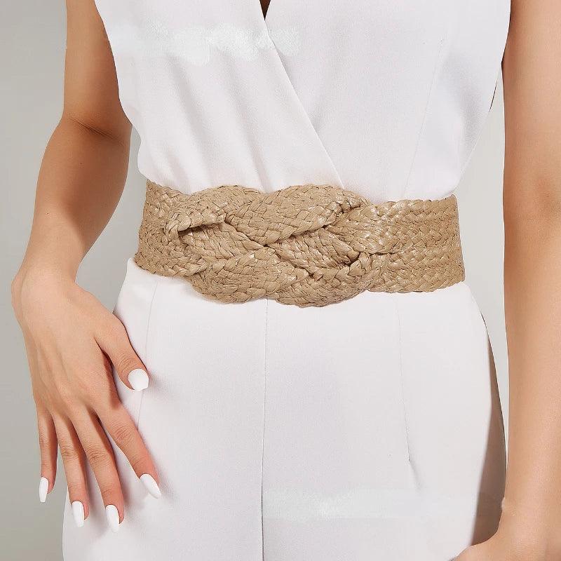 Europe Style Elastic Wide Belt Women's All-match Hand-woven Dress Belt Camel Color Girdle Linen Woven PP Straw Belt Beach Style - CRAVO ROSE