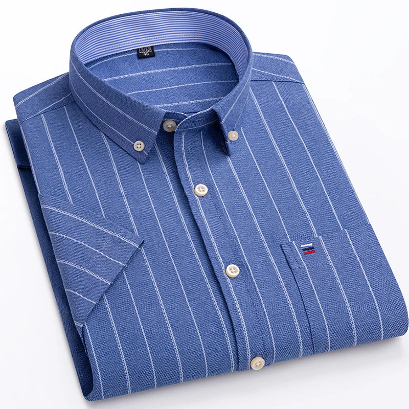 Men's Pure Cotton Oxford Short Sleeve Summer Casual Shirts Comfortable Standard-fit Button-down Plaid Solid Color Cotton Shirt