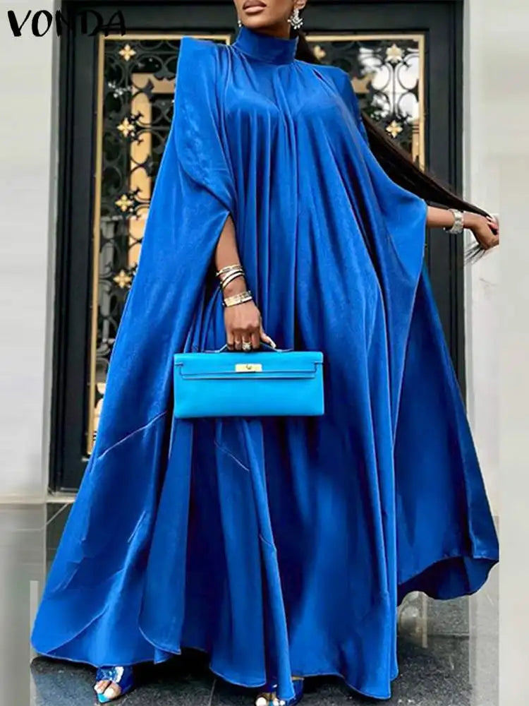 VONDA Women Elegant Satin Dress 2024 Fashion Long Bat Sleeve Stand Collar Evening Pleated Maxi Sundress Casual Solid Loose Robe