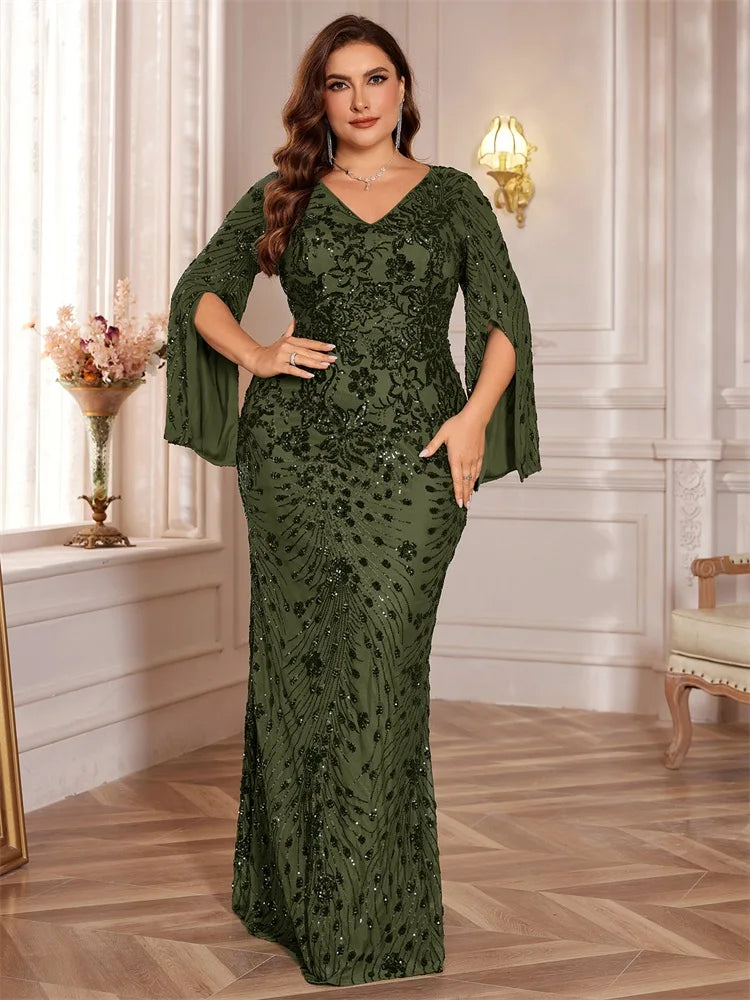 XUIBOL Plus Size Luxury Green Evening Dresses Women 2025 Long Sleeve Mermaid Formal Sequins Prom Wedding Party Cocktail Gowns