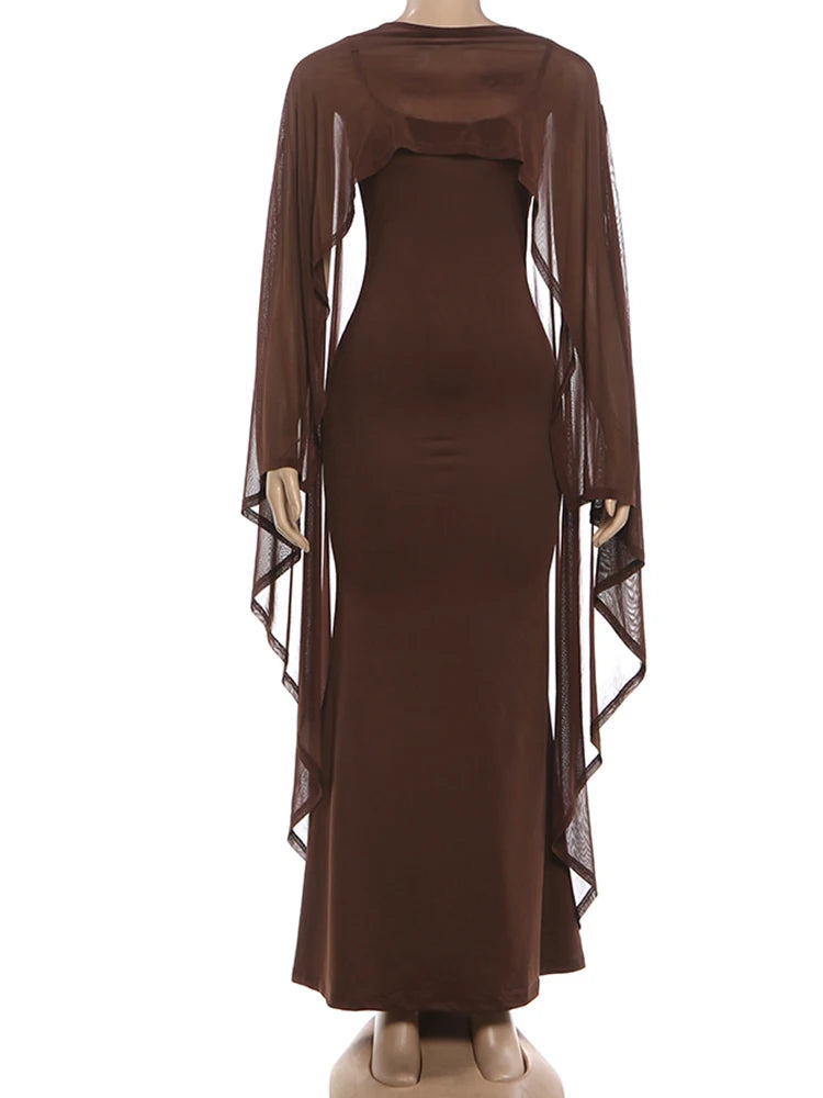 Kliou Sexy Fashion 2 Piece Set Woman Mesh Extended Shawl+Low-Neck Sleeveless Skinny High Waist Sling Vestidos Elegant Dress Suit