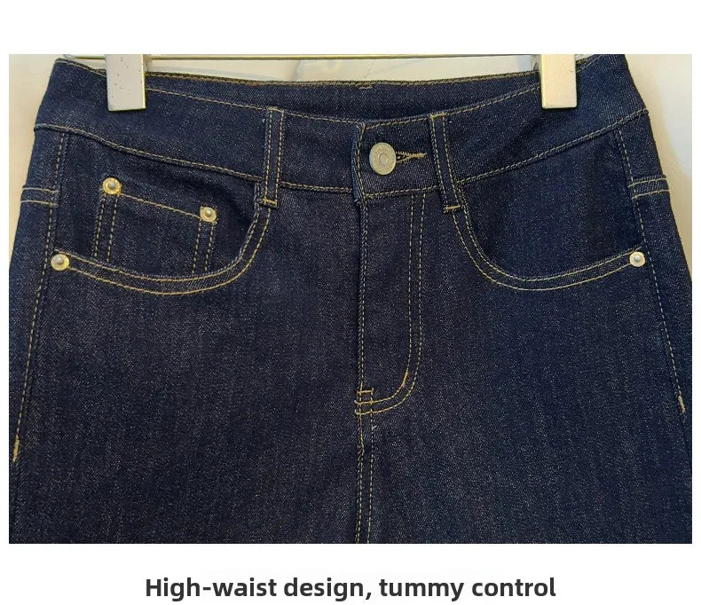 High-End Women's Straight Leg Jeans Loose Fit Spring Season Roll up Capri High Waist Denim Blue Flip  Thermal Regulation