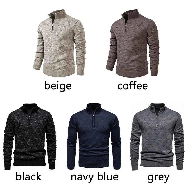 New Mens Knit Sweater American 1/4 Zip Pullover Men's Fleeced Knitwear Stand Collar Casual Sweaters Pullovers