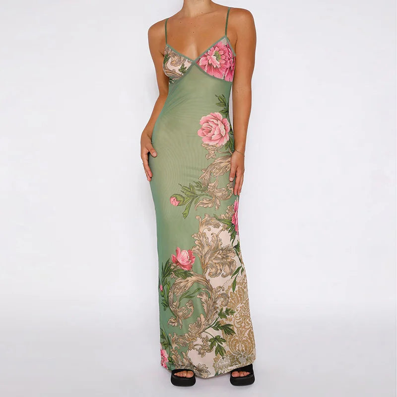 Sleeveless Floral Print Suspender Dress Women Fashion V-neck Slim Maxi Dresses 2023 Summer Chic Female Beach Party Club Robe - CRAVO ROSE