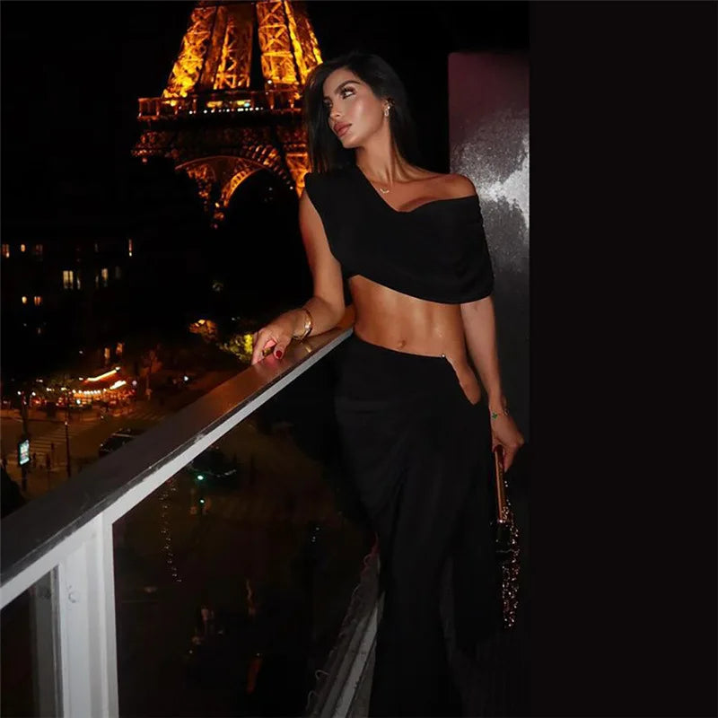 Conjunto de Calças Plissadas Decote em V Umbigo Exposto Sem Mangas Top Curto Slim Fit Calças Abraçando o Quadril