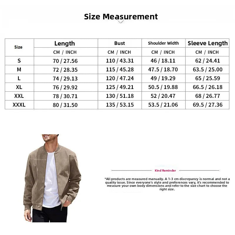 Men's Business Casual Suede Jacket Zipper Collar Warm Sporty Outerwear Polyester Fabric Long Sleeve round Hem Knitted Sleeve