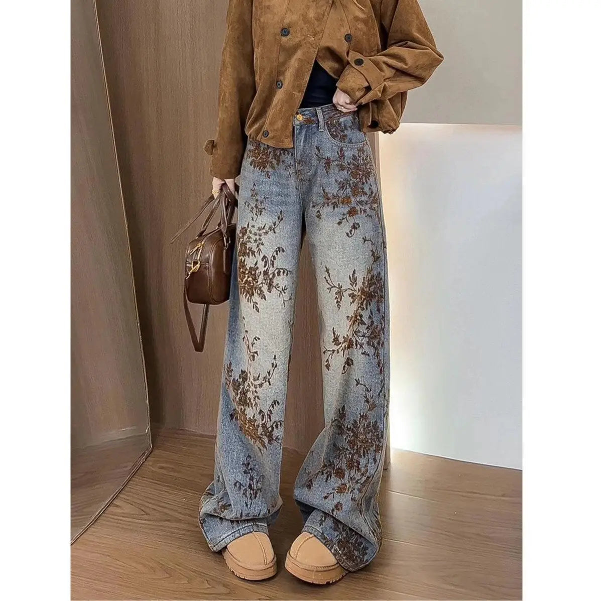 Women's Fashion Flocked Jacquard Wide-Leg Jeans - 2025 New Winter Style, High-Waisted, Slimming, Straight-Leg