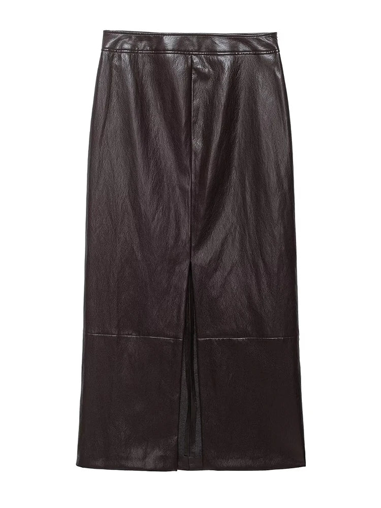 HH Vintage Women's Leather Suits 2026 Spring Summer Round Neck Belted Vest Top+Front Split Long Skirts Female Two-Piece Set