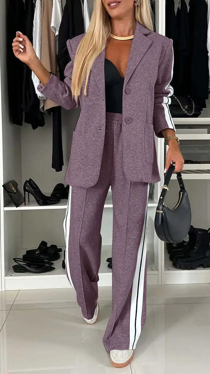 Modern Office Commute Women's Suit Set Loose Fit Long Pants High Waist Striped Casual Sportswear Long Sleeve Button up Coat