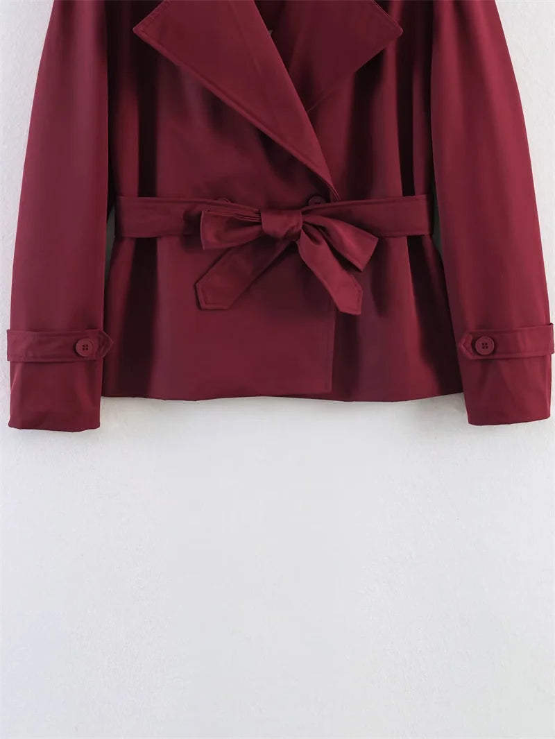Women's Coat 2026 Spring New Style Solid Color Long Sleeve Belted Short Trench Coat European and American Personalized Fashion