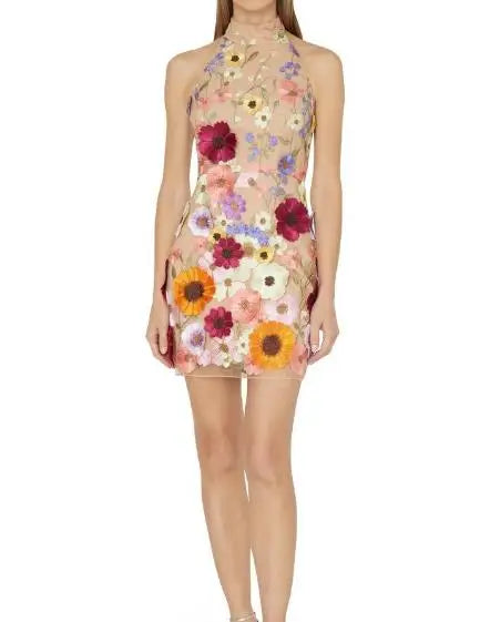 Sexy Women's Dress 2023 Spring Autumn Sweet Style Half Turtleneck 3D Flower Package Hip Sexy Straight Long Sleeve Mini Dress