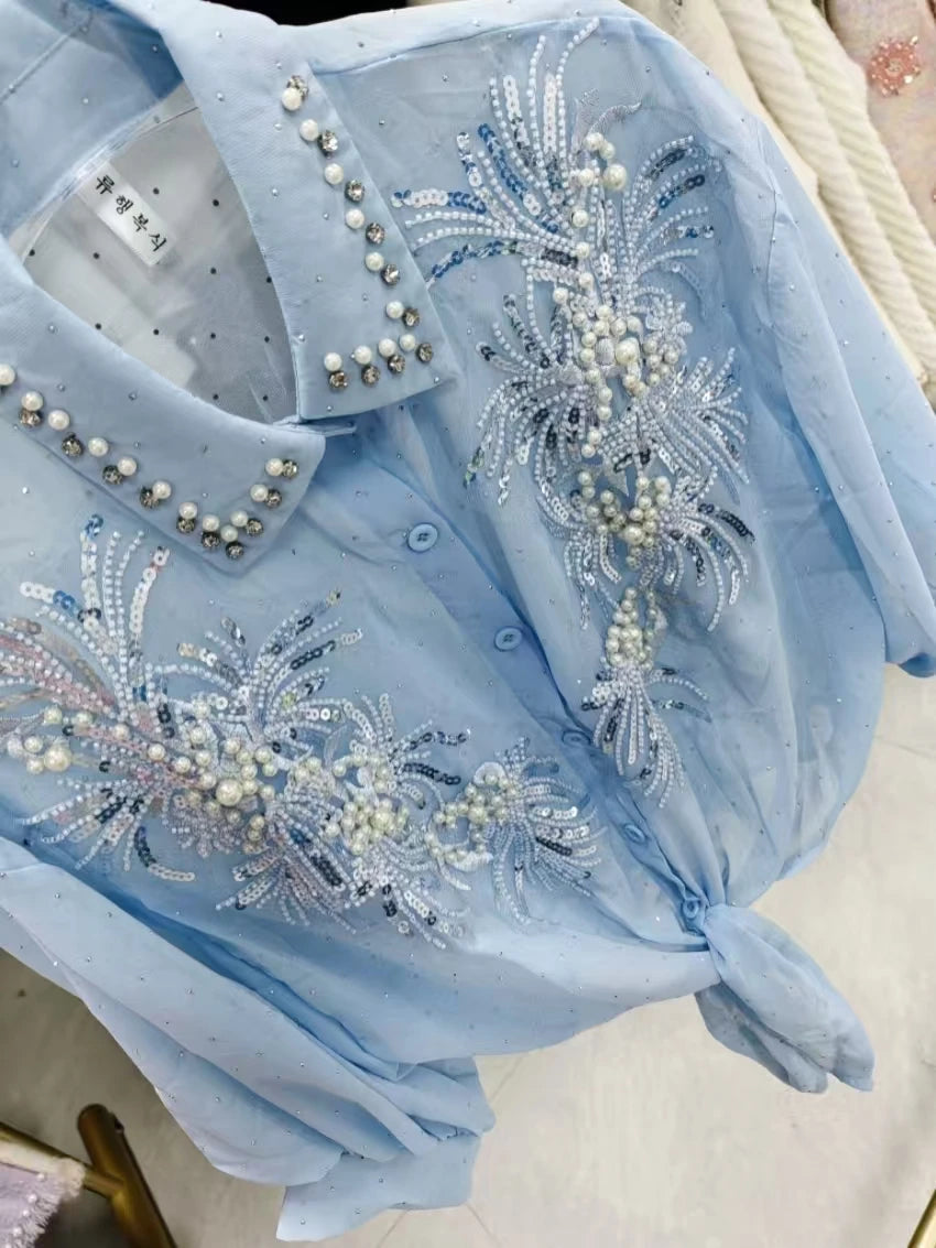 High-end Sequines Pearls Beaded Stitch Sunscreen Blouses Shirts for Women Cardigans Spring Summer Top Korean Popular Clothes